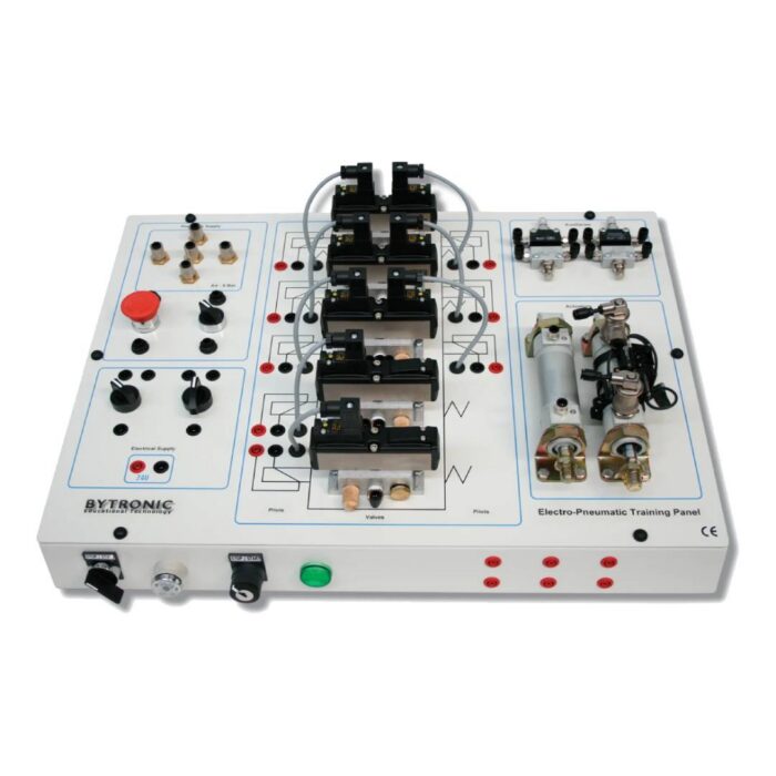 The Electro-Pneumatic Training Panel is a compact and comprehensive training panel comprising cylinders, valves, both electrical and electro-pneumatic, that are easily connected through 4mm colour coded terminals and 4mm pneumatic quick action terminations, this makes the EPTP is an ideal introduction to Electro-Pneumatics. The student can study single and double acting cylinders using various types of valves.